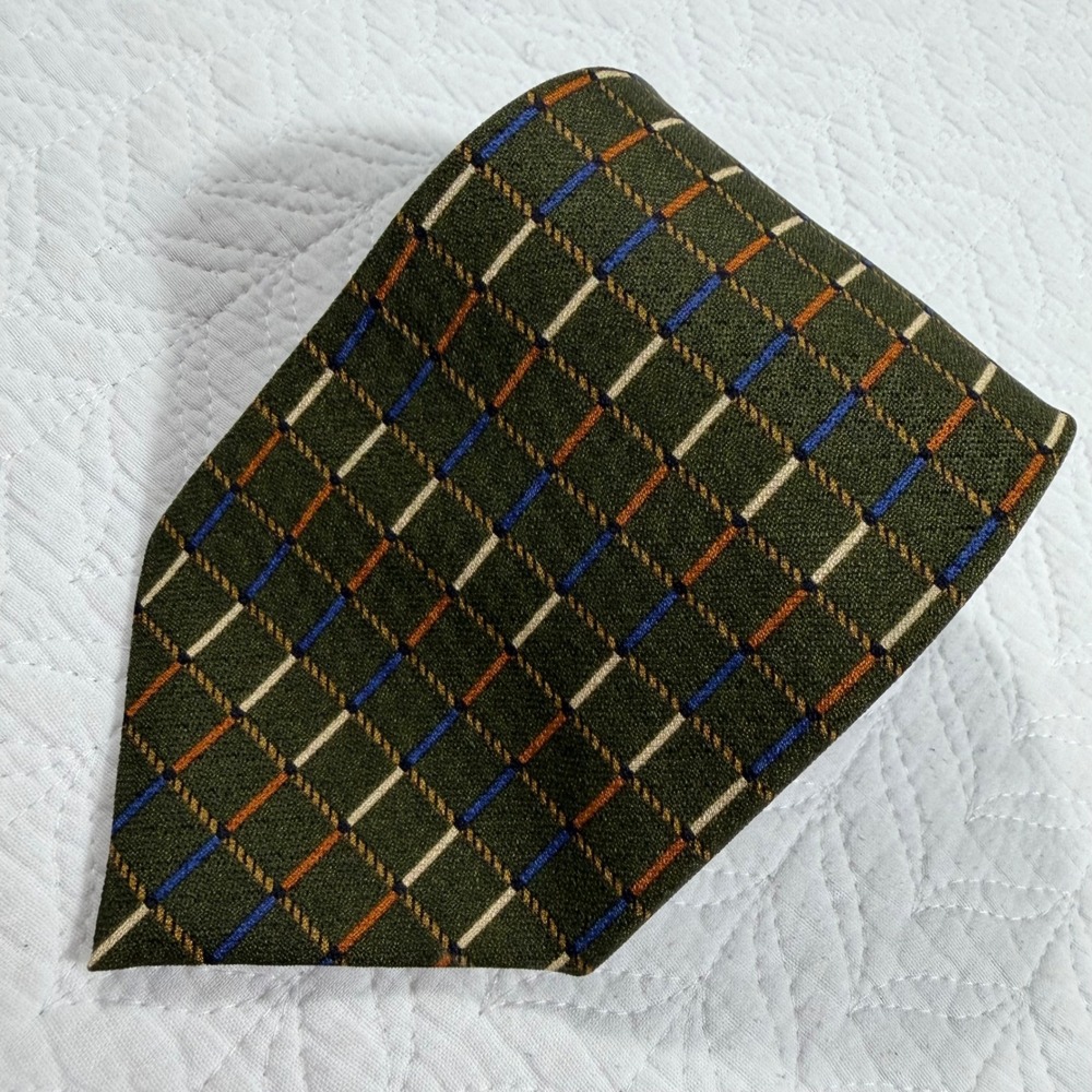 Vtg Guess American Classics Mens Silk Tie Olive Green Blue Orange Grid USA Made‎